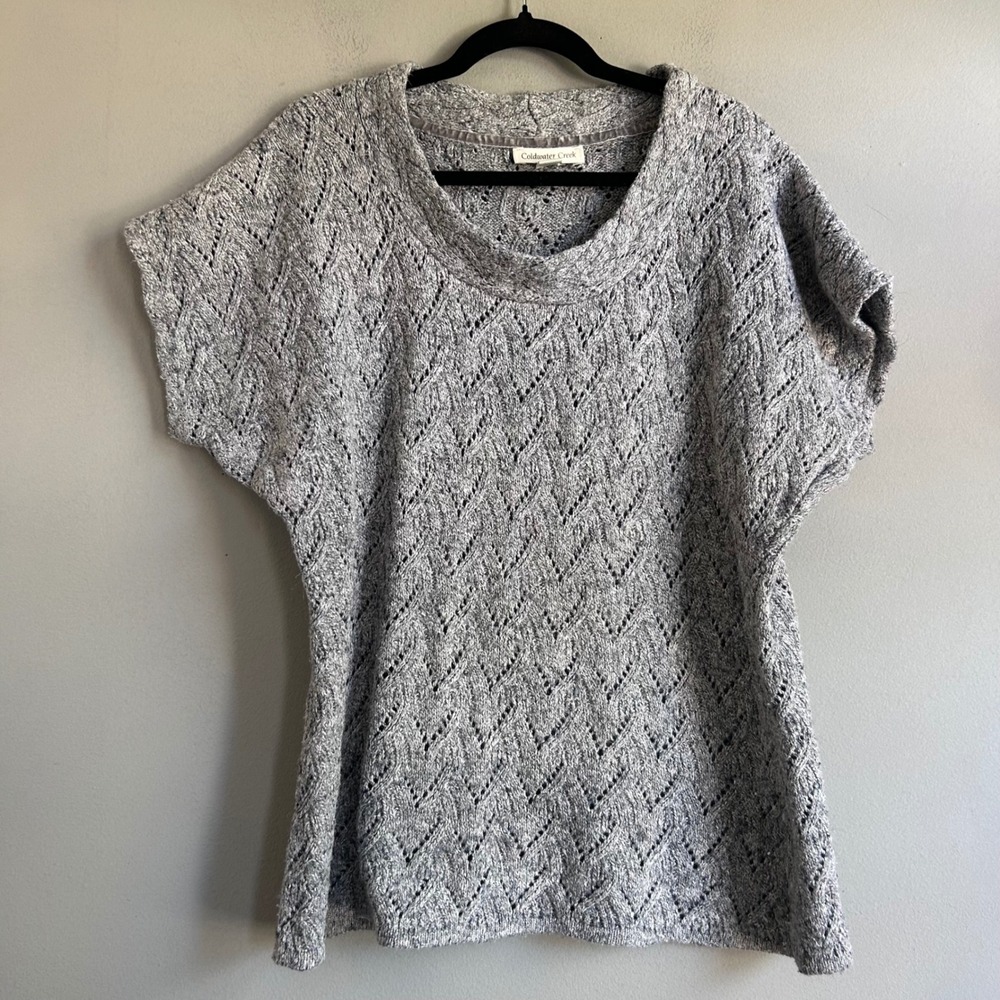 Coldwater Creek Grey Pointelle Chevron Short Sleeve Sweater Top Medium